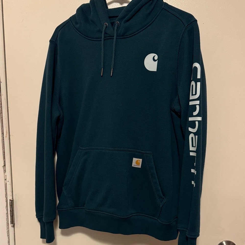 Carhartt women’s Dark Teal Crewneck Hoodie with Sleeve Logo